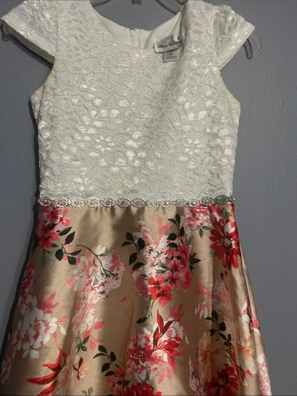 Rare Editions White Lace Bodice Gold Floral High-Low Dress